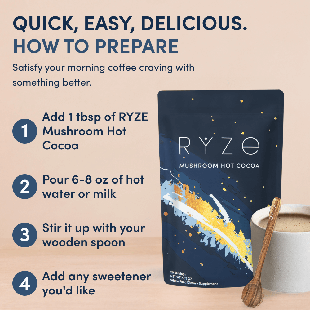 RYZE Mushroom Hot Cocoa — Organic Instant Cocoa with L-Theanine & Melatonin, 20 Servings Q7