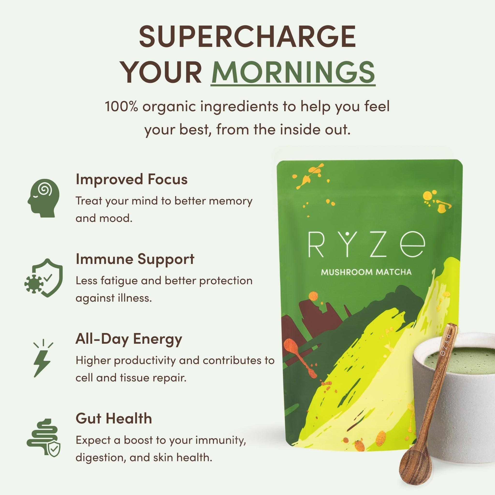 RYZE Mushroom Matcha — Organic Instant Matcha Latte with Lion's Mane & King Trumpet, 30 Servings S6