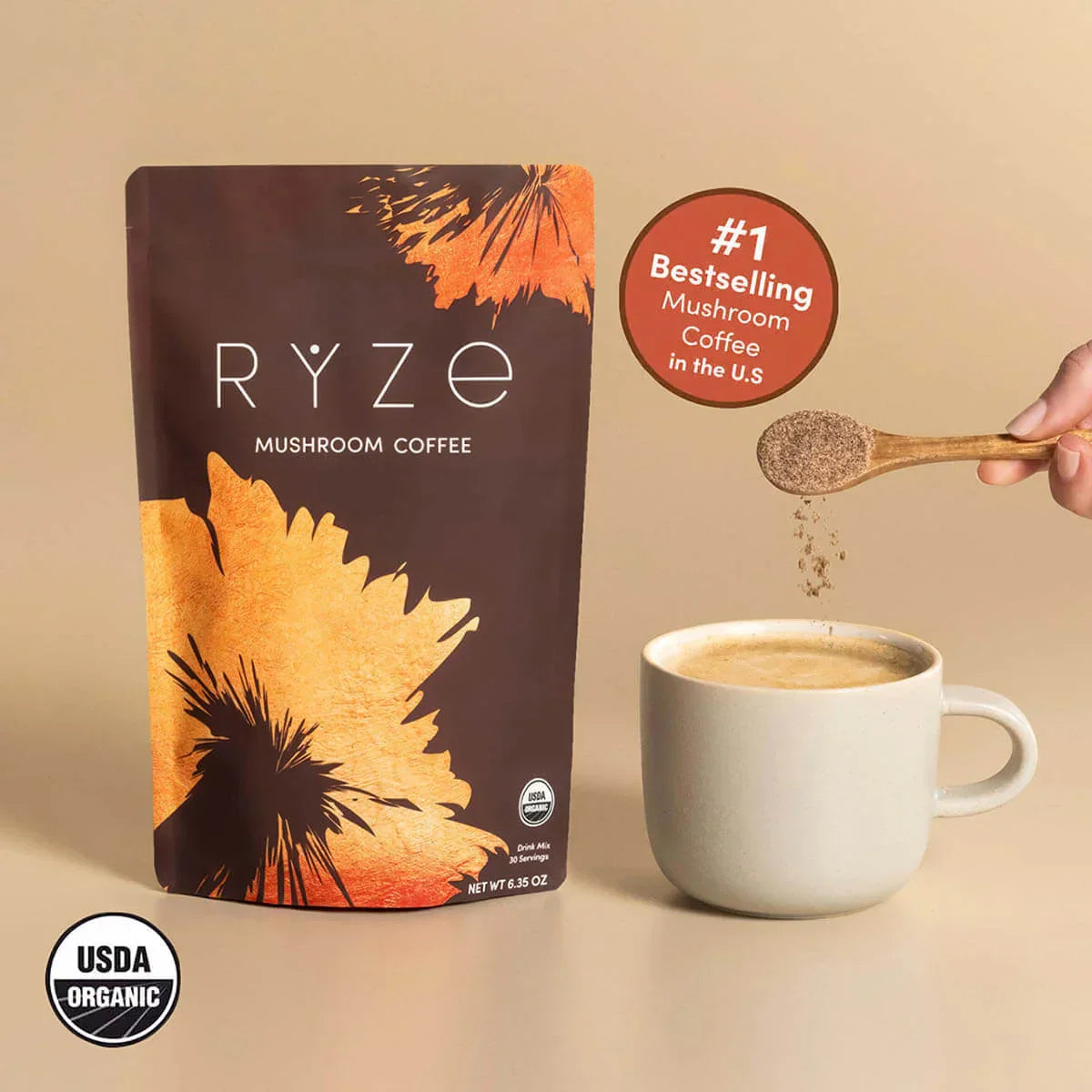 RYZE Mushroom Coffee — Organic Instant Coffee with Cordyceps & Reishi, 30 Servings W4