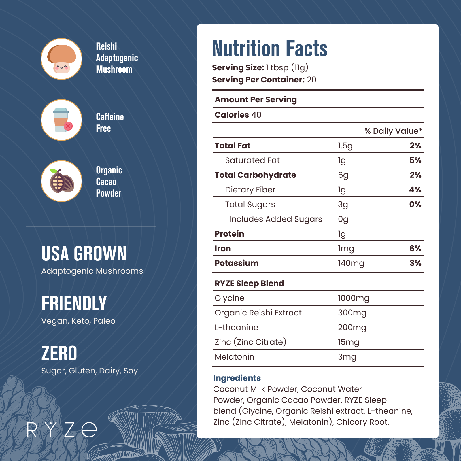 RYZE Hot Cocoa - with 6 Sleep Superfoods to Help Fall Asleep and Stay Asleep G1