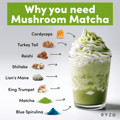 RYZE Mushroom Matcha - with 6 Organic Adaptogenic Mushrooms Grown In USA and Ceremonial-Grade Japanese Matcha B9